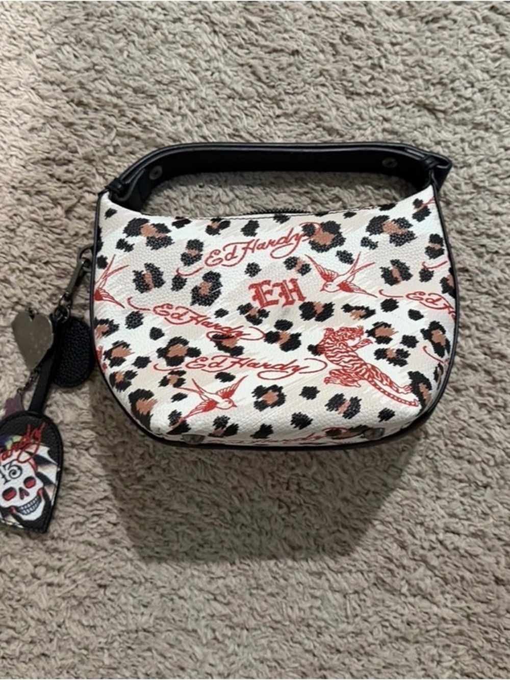 Ed Hardy White Leopard Print Mini Bag with Red Accents